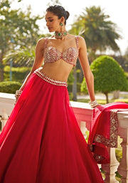 Women’s Red Embroidered Lehenga Choli Set with Dupatta