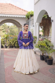Women’s Embroidered Black Peplum Kurti with White Flared Lehenga Skirt