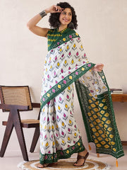 Women’s Ready to Wear Mul Cotton Saree with Pocket, White and Green Printed Saree
