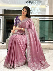Women’s Dusty Pink Saree with Floral Embroidery Work Border and Embroidered Butta