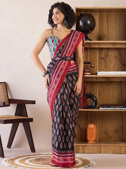 Women’s Black and Red Printed Mul Cotton Ready to Wear Saree with Pocket
