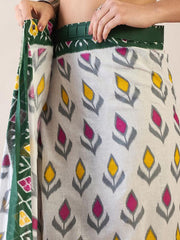 Women’s Ready to Wear Mul Cotton Saree with Pocket, White and Green Printed Saree