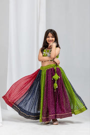 Girls Traditional Bandhani Printed Lehenga Choli Set with Dupatta, Multicolor Indian Ethnic Wear
