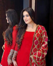 Women’s Red Embroidered Kurta Set with Printed Dupatta
