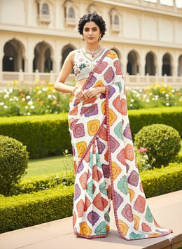 Multicolor Printed Saree for Women with Traditional Floral Motifs and Decorative Border