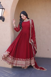 Women’s Red Embroidered Anarkali Suit with Dupatta, Floor Length Indian Ethnic Dress Set