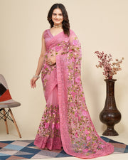 Indian Floral Embroidered Saree for Women with Lace Border