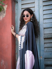 Women’s Ready to Wear Mul Cotton Saree with Pocket, White and Black Printed Stitched Saree