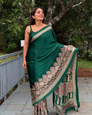Women’s Ready to Wear Crape Silk Saree, Black Printed Stitched Saree with Red Floral