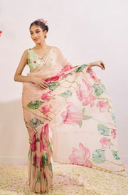 Women’s Ready to Wear Organza Silk Saree, Peach Floral Printed Stitched Saree