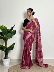 Women’s Ready to Wear Mul Cotton Saree with Pocket, Printed Stitched Saree