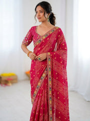 Women’s Green Bandhani Print Saree with Embroidery Work Border