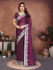 Women’s Saree with Floral Embroidery Border, Elegant Indian Traditional Look