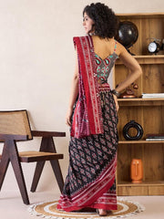 Women’s Black and Red Printed Mul Cotton Ready to Wear Saree with Pocket