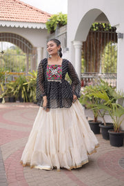 Women’s Embroidered Black Peplum Kurti with White Flared Lehenga Skirt