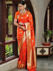 Indian Orange Red Silk Saree for Women with Golden Zari Butti and Rich Woven Border