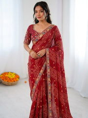 Women’s Green Bandhani Print Saree with Embroidery Work Border