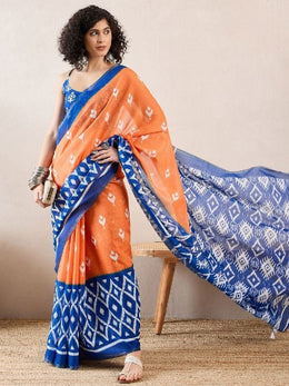 Women’s Ready to Wear Mul Cotton Saree with Pocket, Orange and Blue Printed