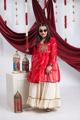 Indian Lehenga Choli Set with Red Bandhani Printed Top and Cream Flared Lehenga Skirt