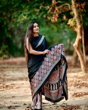 Women’s Ready to Wear Crape Silk Saree, Black Printed Stitched Saree with Red Floral