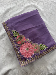Women’s Lavender Purple Saree with Floral Embroidery and Decorative Border