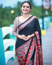 Ready to Wear Crape Silk Saree, Printed Stitched Saree with Decorative Border