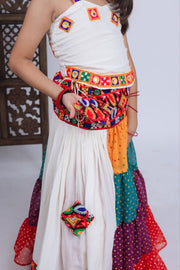 Girls Traditional Multicolor Bandhani Printed Lehenga Choli Set with White Top