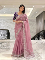 Women’s Dusty Pink Saree with Floral Embroidery Work Border and Embroidered Butta