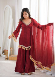 Women’s Beige,Maroon Embroidered Anarkali Suit Set with Dupatta