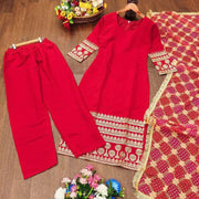 Women’s Red Embroidered Kurta Set with Printed Dupatta