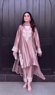 Women’s Mauve Embroidered Silk Kurta Pant Set with Dupatta