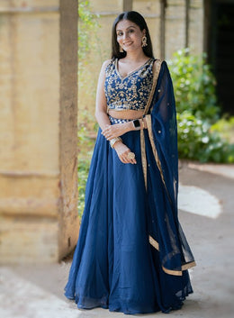 Women’s Navy Blue Embroidered Lehenga Choli Set with Dupatta