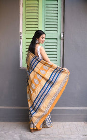 Women’s Ready to Wear Mul Cotton Saree with Pocket, Blue and Mustard Printed Stitched Saree