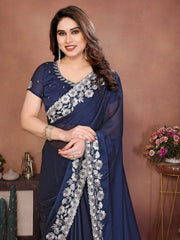 Women’s Saree with Floral Embroidery Border, Elegant Indian Traditional Look