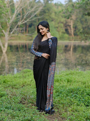 Women’s Ready to Wear Crape Silk Saree, Black and Blue Printed Stitched Saree