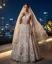 Women’s Ivory Floral Embroidered Lehenga Choli Set with Dupatta