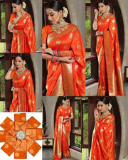 Indian Orange Red Silk Saree for Women with Golden Zari Butti and Rich Woven Border