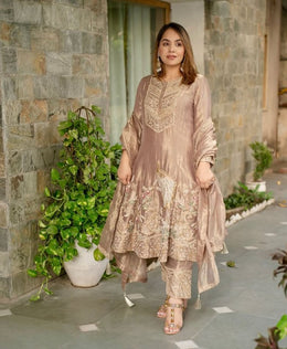 Women’s Embroidered Satin Rayon Kaftan Set with Dupatta