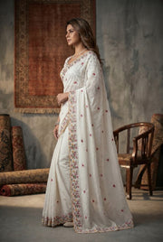 Women’s White Embroidered Saree with Floral Border and Printed Motifs