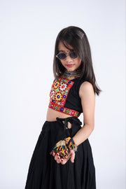 Indian Lehenga Choli Set, Black Flared Lehenga Skirt with Colorful Embroidered Border