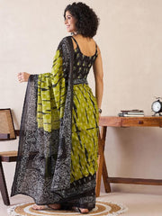 Women’s Ready to Wear Mul Cotton Saree with Pocket, Olive Green and Black Printed Stitched Saree