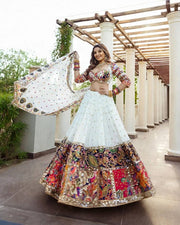Women’s White Lehenga Choli Set with Multicolor Printed Border