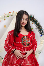 Indian Lehenga Choli Set with Red Bandhani Printed Top and Cream Flared Lehenga Skirt