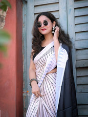 Women’s Ready to Wear Mul Cotton Saree with Pocket, White and Black Printed Stitched Saree
