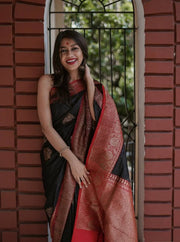 Black Silk Saree for Women with Gold Butti Design and Rich Red Jacquard Zari Border