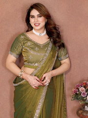 Women Saree with Embroidery Work and Lace Border, Elegant Indian Traditional Look