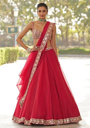 Women’s Red Embroidered Lehenga Choli Set with Dupatta