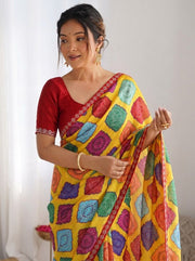 Bandhani Print Saree for Women with White Traditional Pattern and Border