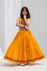 Girls Traditional Indian Lehenga Choli Set, Mustard Yellow Flared Lehenga Skirt