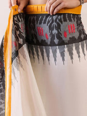 Women’s Ready to Wear Mul Cotton Saree with Pocket, White, Mustard Yellow and Black Printed
